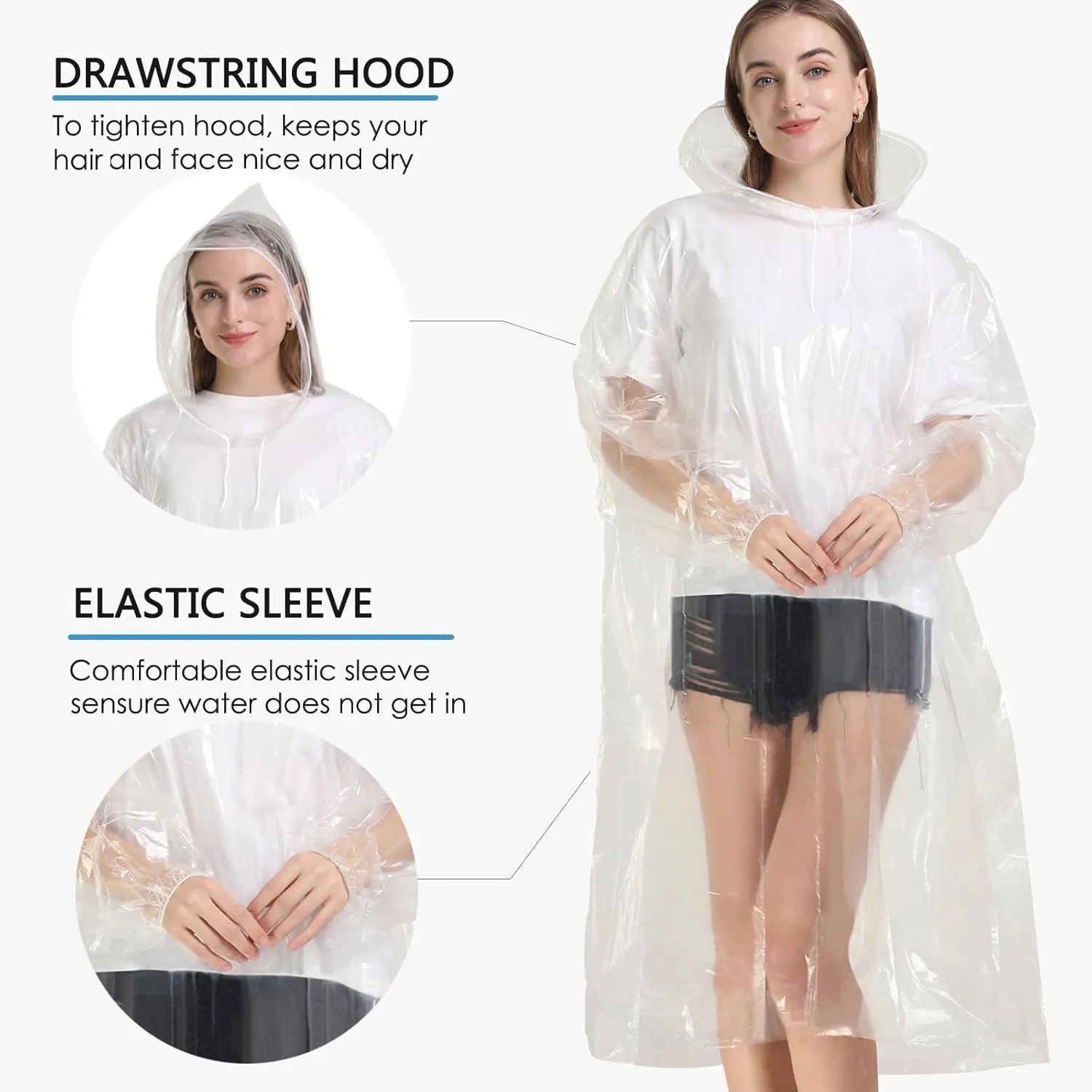 Rain Ponchos for Adults, Clear Family Pack - Disposable Rain Poncho for Women and Men with Drawstring Hood