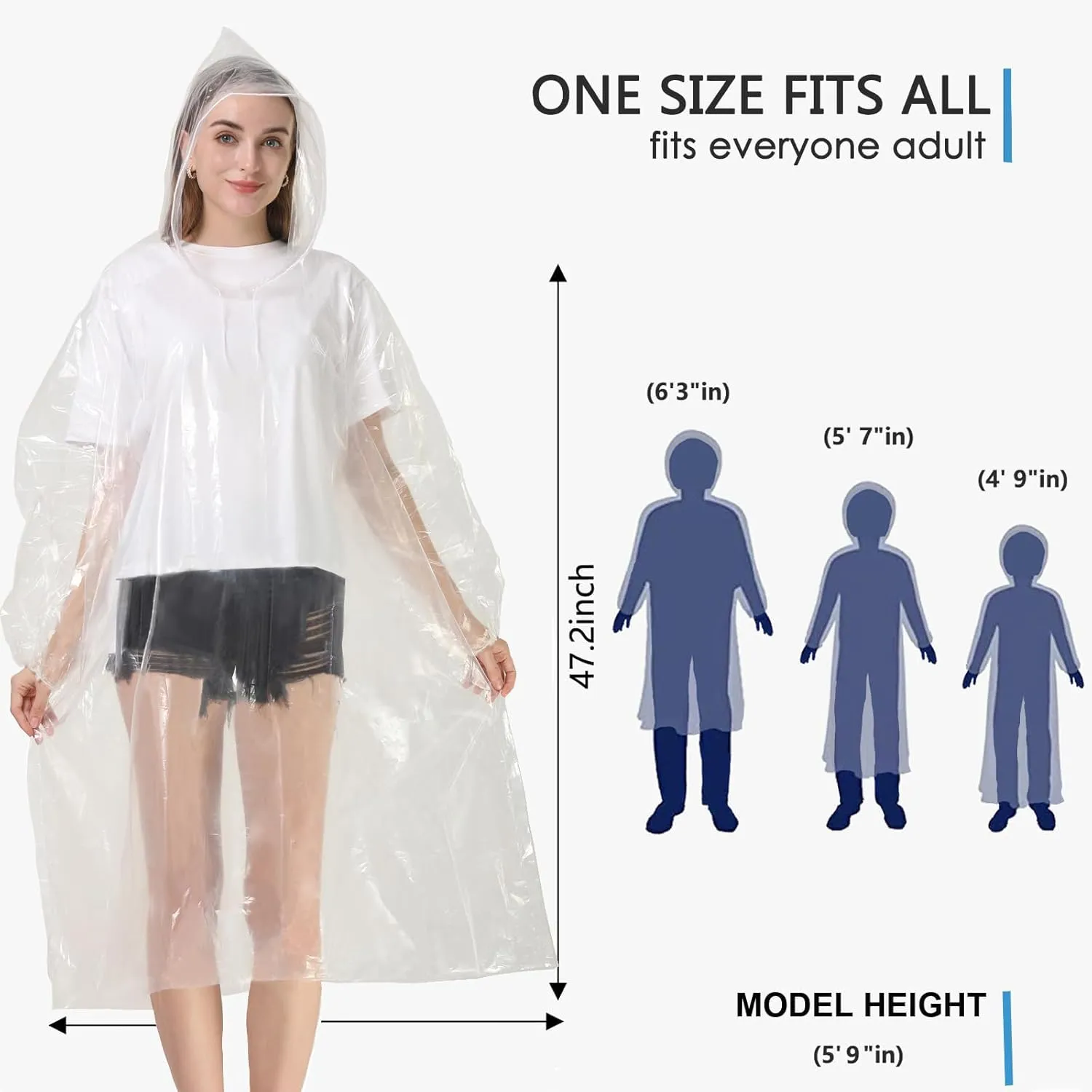 Rain Ponchos for Adults, Clear Family Pack - Disposable Rain Poncho for Women and Men with Drawstring Hood