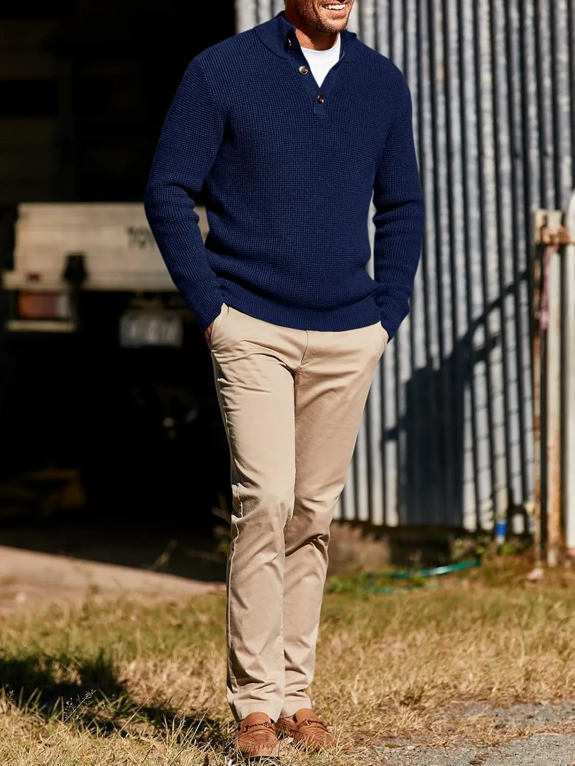 Runcati Mens Pullover Sweater Knitted Quarter Button Stand Collar Casual Thermal Henley Sweaters