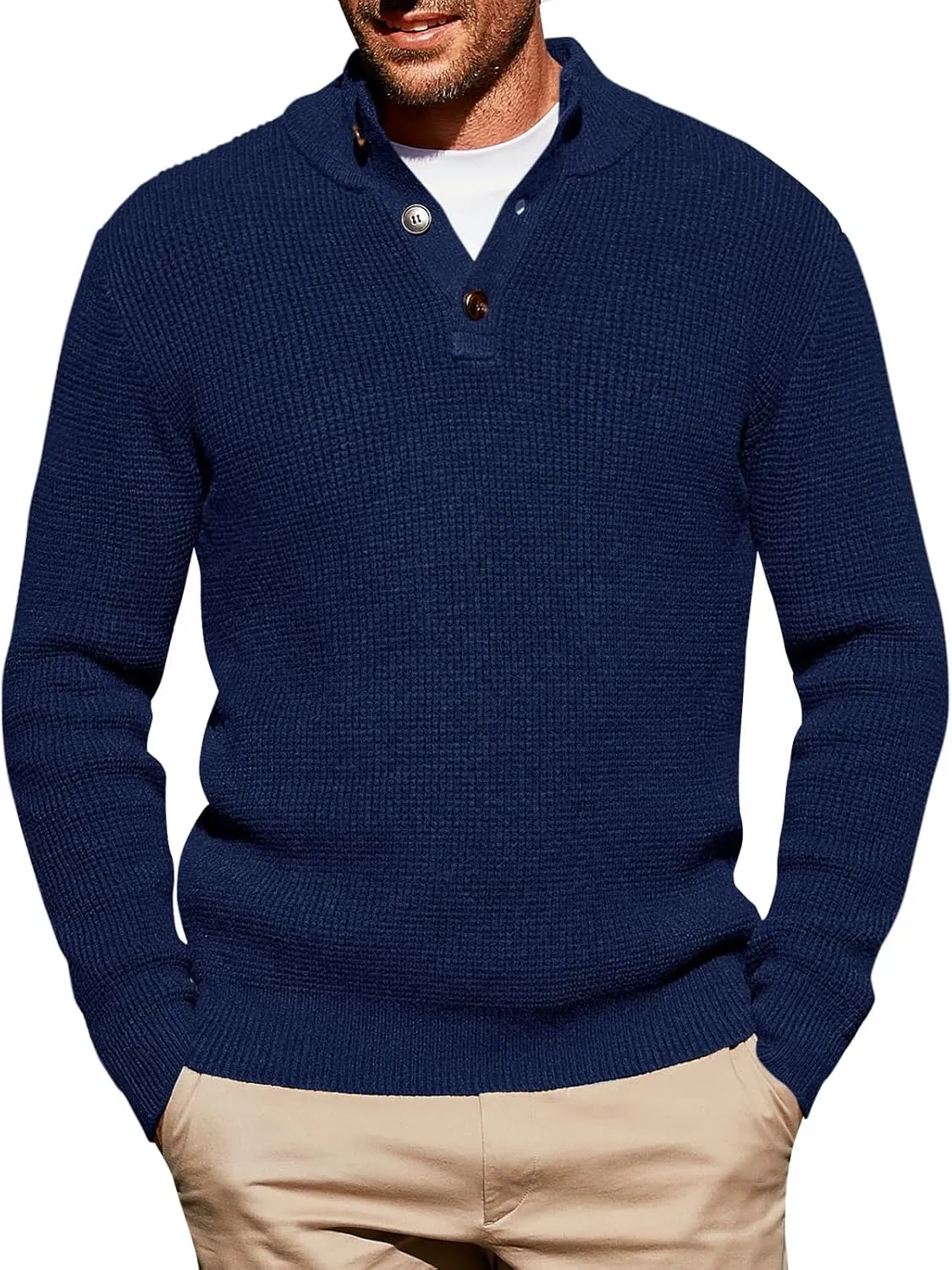 Runcati Mens Pullover Sweater Knitted Quarter Button Stand Collar Casual Thermal Henley Sweaters