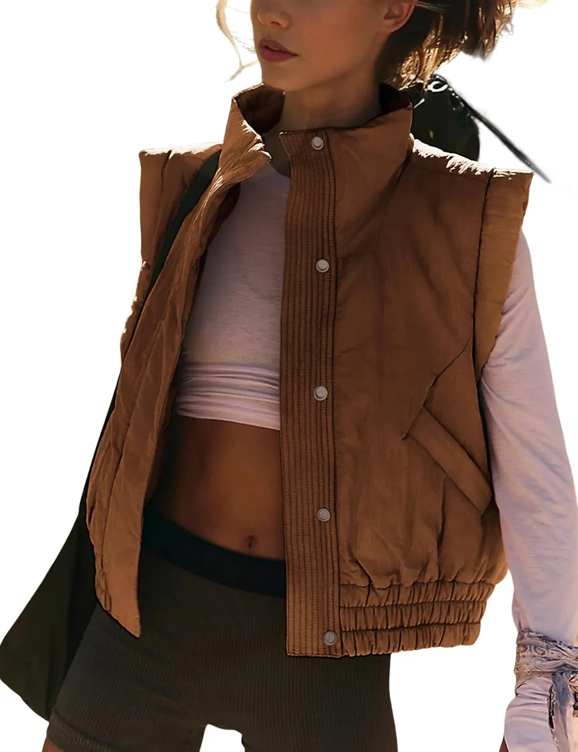 SKIKYAN Women Quilted Puffer Vest Button Down Scrunch Sleeveless Winter Stand Collar Padded Gilet with Pockets