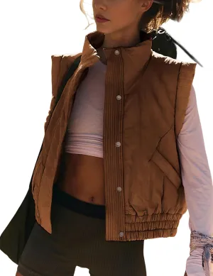 SKIKYAN Women Quilted Puffer Vest Button Down Scrunch Sleeveless Winter Stand Collar Padded Gilet with Pockets