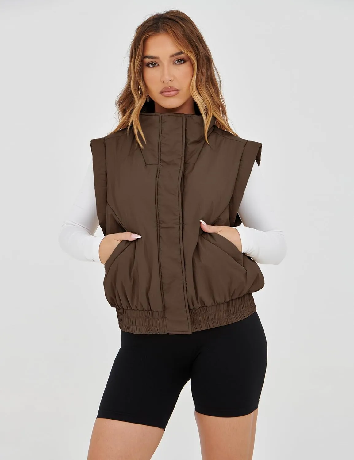 SKIKYAN Women Quilted Puffer Vest Button Down Scrunch Sleeveless Winter Stand Collar Padded Gilet with Pockets
