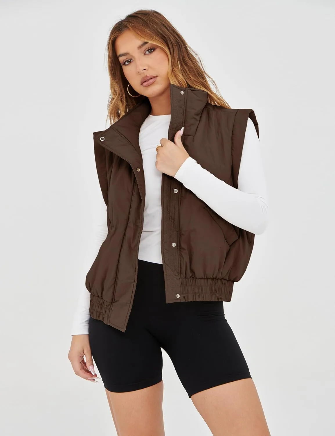 SKIKYAN Women Quilted Puffer Vest Button Down Scrunch Sleeveless Winter Stand Collar Padded Gilet with Pockets
