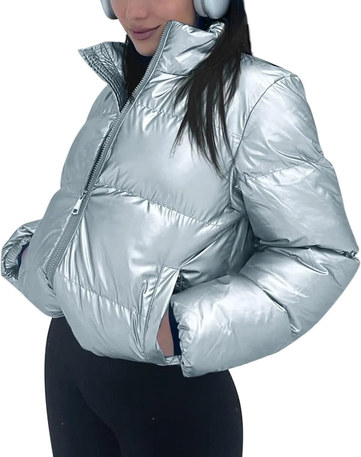 Tankaneo Womens Cropped Shiny Puffer Jacket Lightweight Quilted Stand Collar Winter Warm Down Coat
