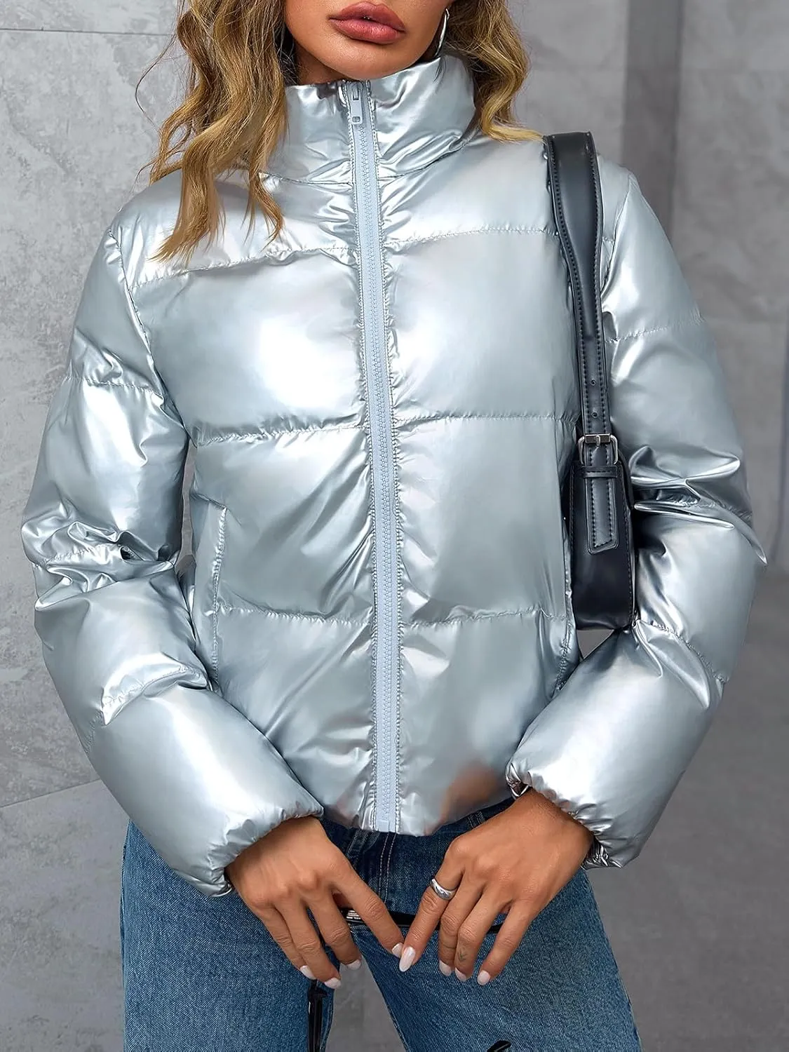 Tankaneo Womens Cropped Shiny Puffer Jacket Lightweight Quilted Stand Collar Winter Warm Down Coat