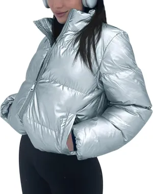 Tankaneo Womens Cropped Shiny Puffer Jacket Lightweight Quilted Stand Collar Winter Warm Down Coat