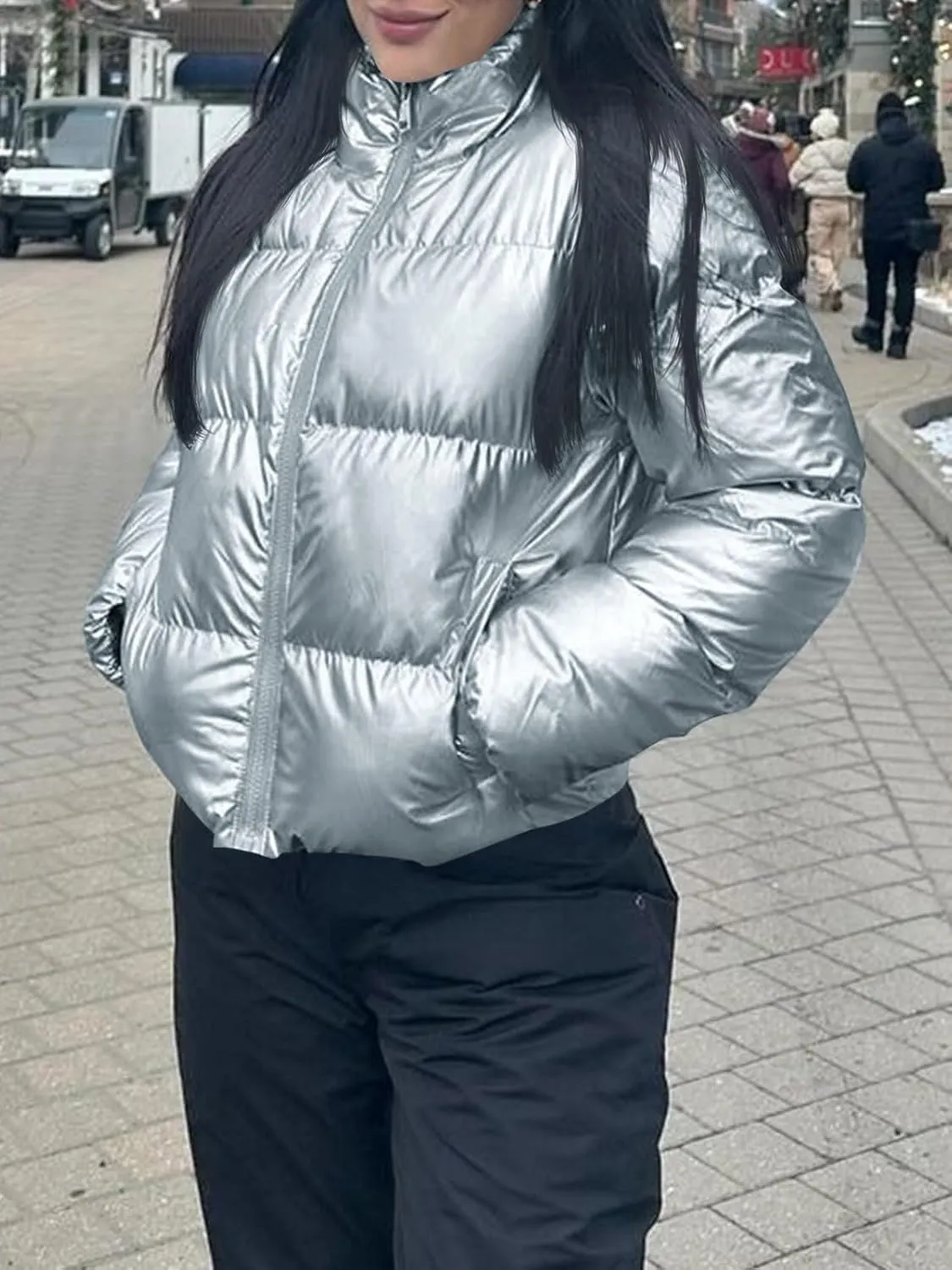 Tankaneo Womens Cropped Shiny Puffer Jacket Lightweight Quilted Stand Collar Winter Warm Down Coat