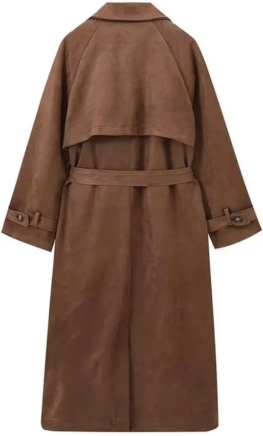 Womens Faux Suede Trench Coat Long Suede Leather Jacket Double Breasted Pea Coat with Belt