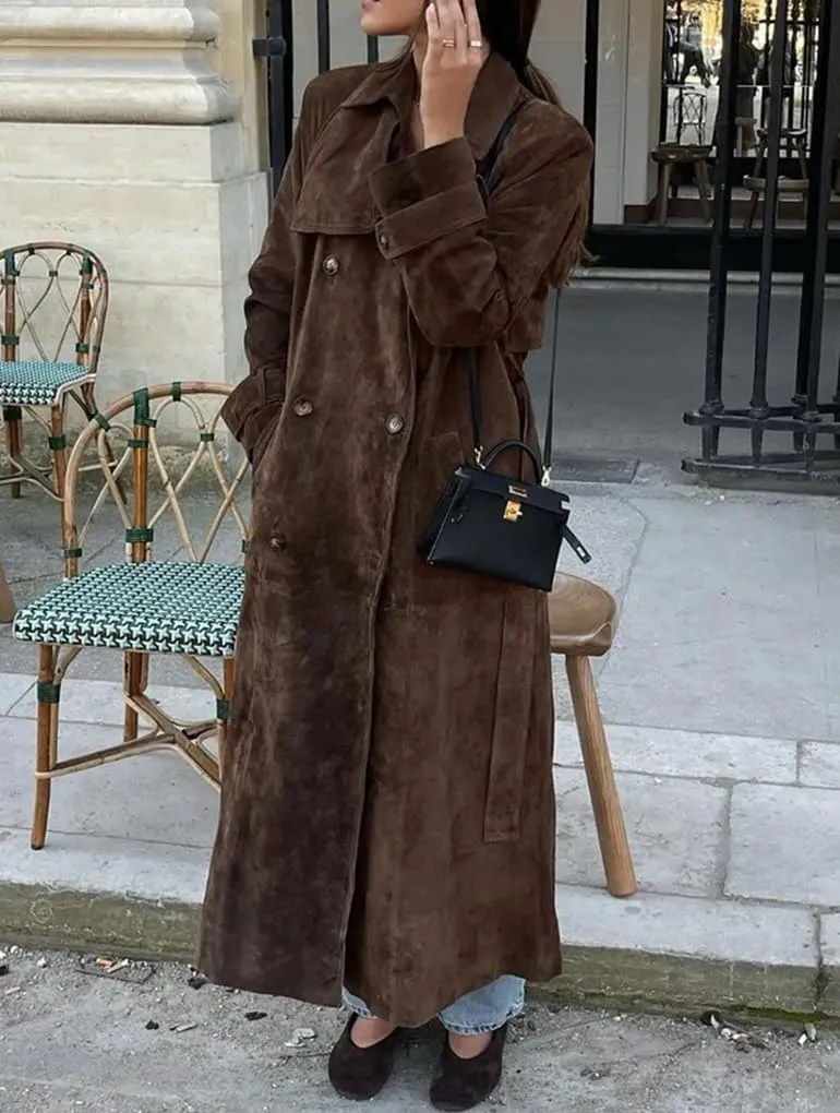 Womens Faux Suede Trench Coat Long Suede Leather Jacket Double Breasted Pea Coat with Belt