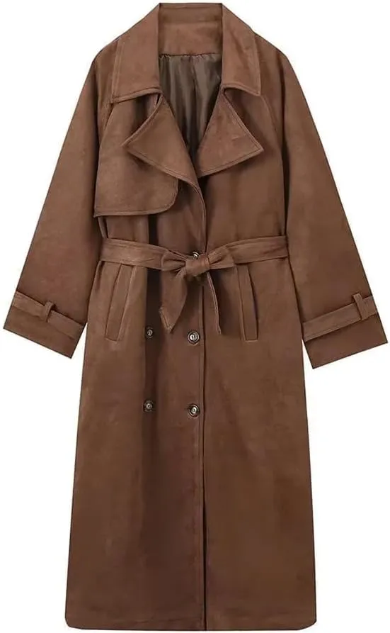 Womens Faux Suede Trench Coat Long Suede Leather Jacket Double Breasted Pea Coat with Belt