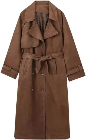 Womens Faux Suede Trench Coat Long Suede Leather Jacket Double Breasted Pea Coat with Belt