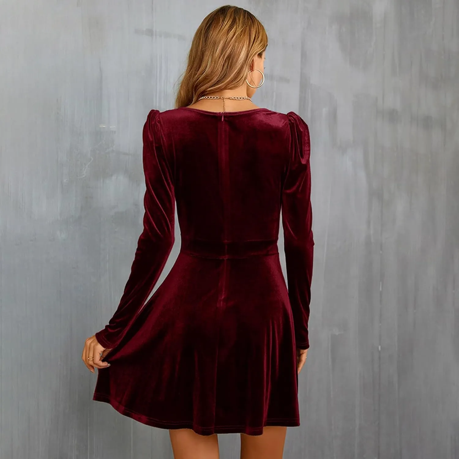 Women's Sexy V Neck Long Sleeve Wrap Waist Ruched Back Zipper Velvet Dress Mini Party Cocktail Dress