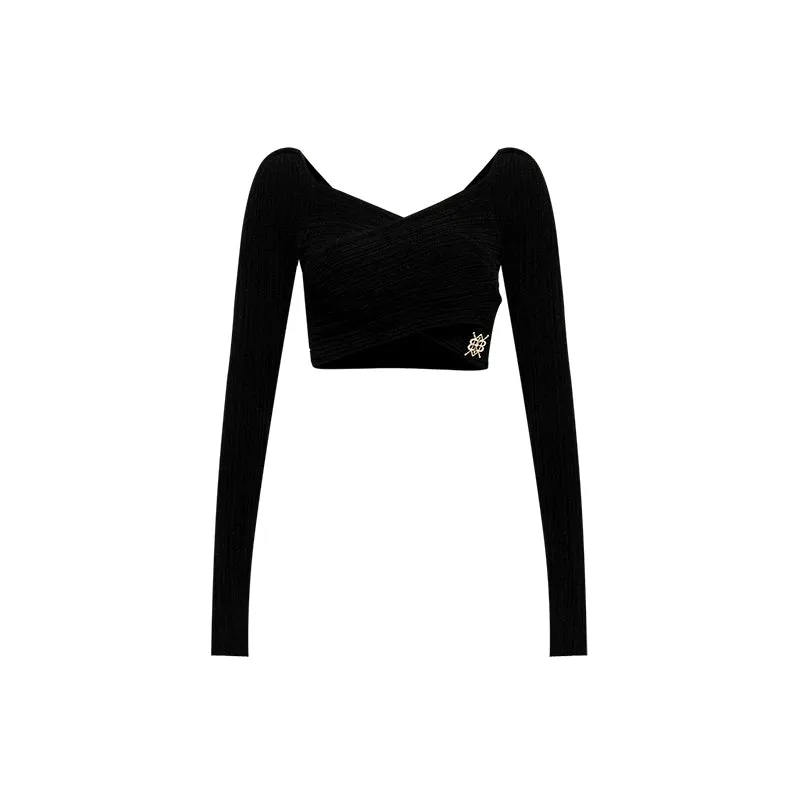 YES BY YESIR elegant sexy knitted black skirt cropped top - Fei