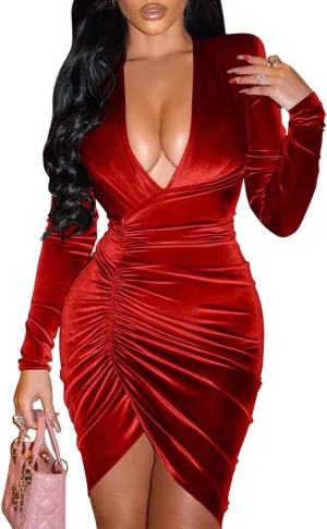 YMDUCH Women's Sexy Long Sleeve V Neck Ruched Bodycon Wrap Cocktail Club Mini Dress